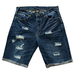 CSG Men's Dark Blue Distressed Denim Bermuda Shorts Size 34 Beach Grunge